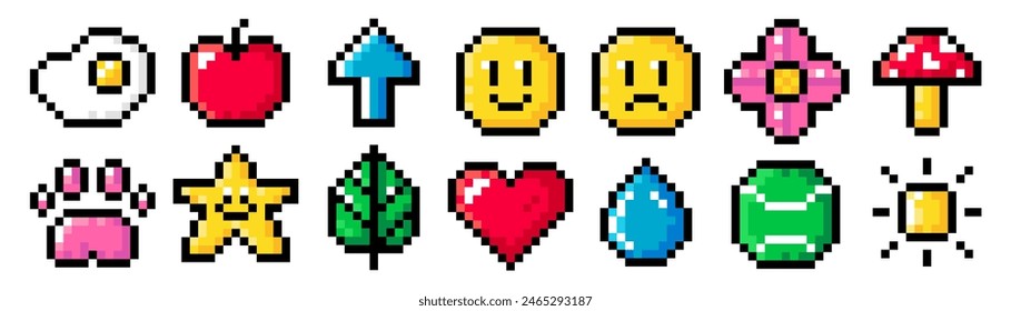 Pixel art set with cute objects isolated on a white background. Vector 8bit pixel illustration of scrambled eggs, emoji, mushroom, flower, apple, arrow, heart, sun, drop of water, star.