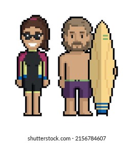 Pixel art set of cute surfers on the beach in summer on a white background.