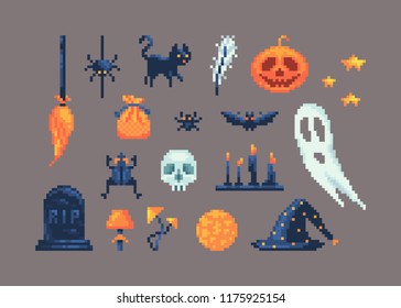 Pixel art set of different items for design on Halloween. May be used for game user interface, banners or another project.