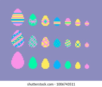 Pixel art set of Easter eggs with different texture. Spring holiday. Vector Illustration.