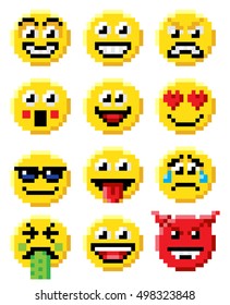 Pixel Art Set Of Emoji Or Emoticon Face Icons In A Retro 8 Bit Video Game Style