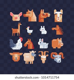 Pixel art set of farm animals characters. Goose, chicken, rabbit, llama, pig horse and goat isolated vector illustration. Cartoon flat style icon for mobile app and sticker. Game assets. 8-bit sprite.