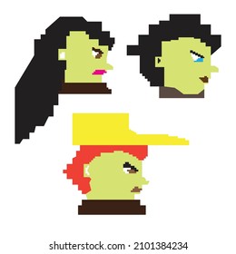 Pixel art set featuring three stylized green-faced characters with unique hairstyles and expressions, evoking a retro video game aesthetic