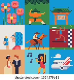 Pixel art set, flowers, ninja, pagoda, woman, cowboy on horse, runner in competitions, wedding, singer, airplane, isolated vector illustration, design for logo, sticker, mobile app. Game assets 8-bit.