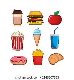 Pixel-Kunstset mit Pixelfutter für das Spieldesign. Vektorgrafik. Süßes Essen