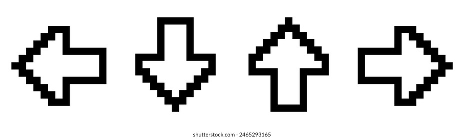 Pixel art set with four black and white arrows turned in different directions isolated on a white background. Vector 8bit pixel illustration.