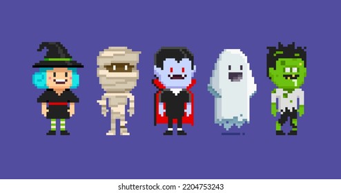 Pixel Art set of Funny Ghost, Mummy, Cute Witch, Zombie, Dracula vampire in 8-bit retro computer game style. Cute pixel characters for Happy Halloween design. Editable cartoon vector illustration