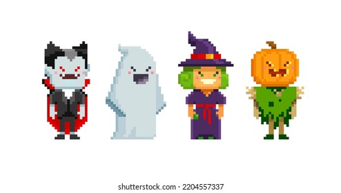 Pixel Art set of  Ghost, Mummy, Witch, Scarecrow or bogeyman, Dracula vampire in 8-bit retro computer game style. Cute pixel characters for Happy Halloween design. Editable vector illustration