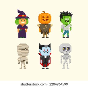 Pixel Art set of  Ghost, Mummy, Witch, Scarecrow or bogeyman, Dracula vampire in 8-bit retro computer game style. Cute pixel characters for Happy Halloween design. Editable cartoon vector illustration