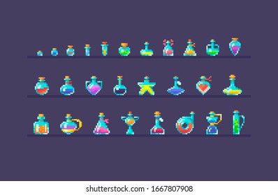 Pixel art set of glass bottles different forms and sizes. Magic potions icons on isolated color. Vector illustration.