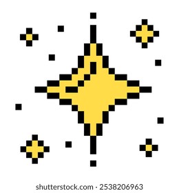 A pixel art set of glittering stars in bright yellow, 8 bit style. Perfect for adding a retro sparkle effect to designs, games, and UI, with a nostalgic pixel charm.
