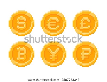 Pixel art set of gold coin icons with symbols for the dollar, euro, bitcoin, Russian ruble, yen, and pound, 8-bit. Retro gaming interface. Finance, bonuses, business. Vector illustration. Front view.