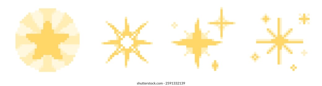 Pixel art set of golden sparkles and stars in 8-bit retro video game style. Shiny yellow decorative shapes and symbols. Digital assets collection for old school arcade games, mobile apps or web design