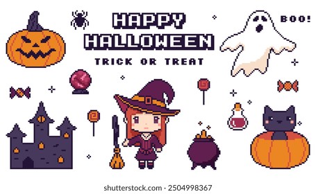 Pixel art set of Halloween, featuring pumpkins, ghost and witch. 
Vector illustration for festive holiday content combining retro 8-bit style with festive elements 