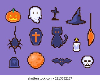 Conjunto de arte de píxeles de objetos de Halloween. Para juegos, juegos móviles, interfaz de usuario, banners. Ilustración del vector fondo aislado.