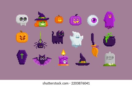 Pixel art set of Halloween objects icons. 8-bit game style Halloween icons. Funny pixel witch, bat, cat, pink pumpkin, etc. Witch hat. Cartoon pixel graphics items on Helloween