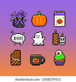 Pixel art set of Halloween objects isolated on background. Pumpkin, black cat, ghost, paper calendar, candles, mug and sweets. Vector illustration in 16-bit old style.