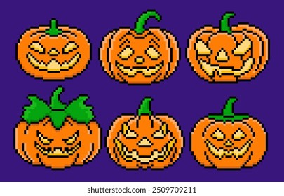 Pixel Art Set von Halloween Kürbissen. Vektorgrafik