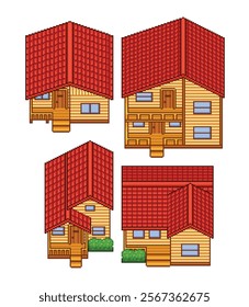 Pixel art set house top down with red roof game asset rpg