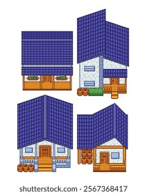 Pixel art set house top down with blue roof game asset rpg