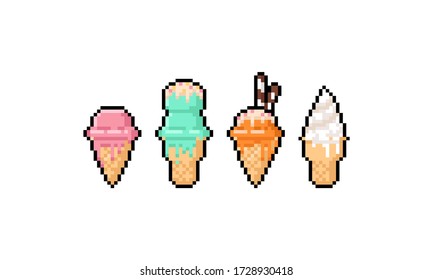 Pixel art set of ice cream cone icon design.
