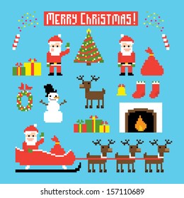 Pixel art set of icons with Santa, deers, snowman, christmas tree and other Christmas symbols