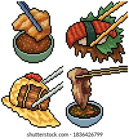 pixel art set isolated asian chopstick food