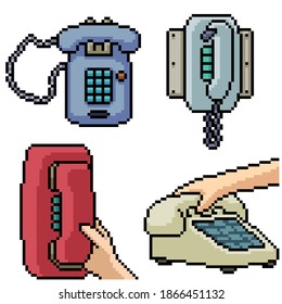 pixel art set isolated classic telephone