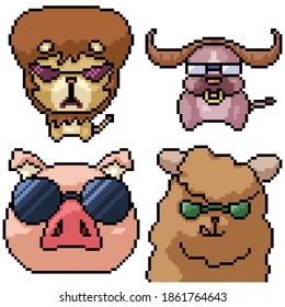 Pixel Art Set Isolated Cool Glasses Animal