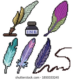 pixel art set isolated feather pen