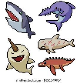 pixel art set isolated fish monster