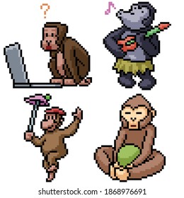 Pixel Art Set Isolated Funny Monkey