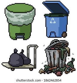 pixel art set isolated garbage bin