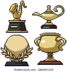 pixel art set isolated gold trophy