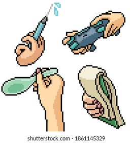 pixel art set isolated hand holding tool