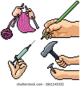 pixel art set isolated hand holding tool