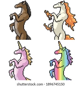 pixel art set isolated horse fantasy