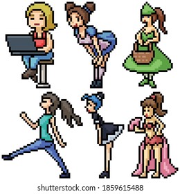 pixel art set isolated lovely woman
