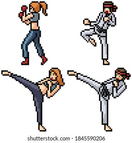 pixel art set isolated martial art fighter