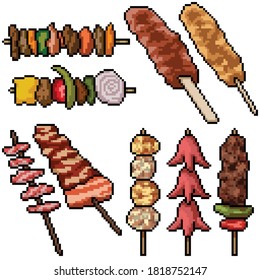pixel art set isolated meat stick barbecue