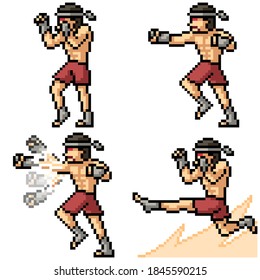 pixel art set isolated muay thai fighter