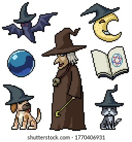 pixel art set isolated old witch