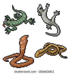 pixel art set isolated reptiles snake lizard