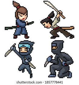 pixel art set isolated samurai ninja
