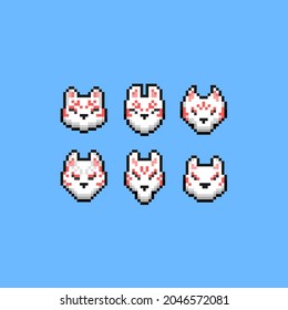 Pixel art set of japanese fox mask icon.