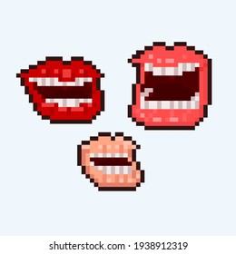 Pixel art set of laughing mouth icons.