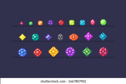 Pixel art set of magic crystals different forms and sizes. Gems icons on isolated color. Vector illustration.