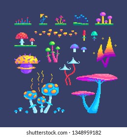Pixel art set of magical mushrooms different sizes and forms. Nice bright elements for design.
