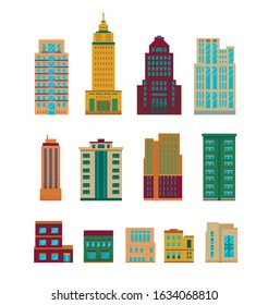 Pixel art set of modern various buildings