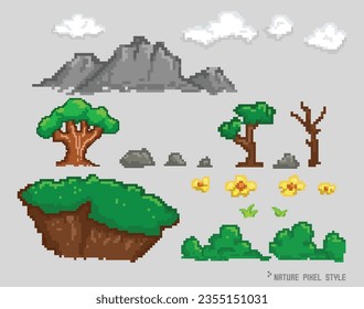 Pixel art set of nature element illustration.,Pixel forest set. Retro 8 bit video game UI elements, trees bushes and grass sprite asset, background landscape objects.,Vector isolated collection.